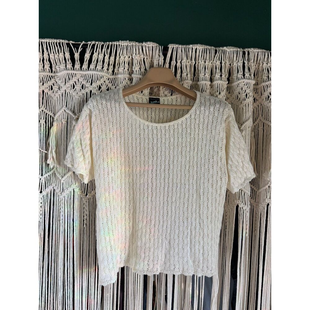 Just Jess Cream Open Knit Short Sleeve Crochet Sweater Top